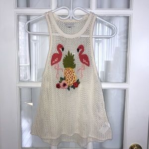 American Eagle Crochet Tank Top with Flamingo Embroidery 100% Cotton Size Small